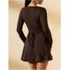 image:imageSOLY HUX Womens Long Sleeve Mini Dress Elegant Lace Up Crew Neck Work Office DressesPlain Brown