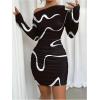 image:imageSOLY HUX Womens Off The Shoulder Bodycon Mini Dress Printed Asymmetrical Neck Long Sleeve Ruched DressesBlack Printed