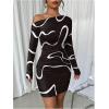 image:imageSOLY HUX Womens Off The Shoulder Bodycon Mini Dress Printed Asymmetrical Neck Long Sleeve Ruched DressesBlack Printed