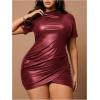 image:imageSOLY HUX Womens Plus Size Bodycon Mini Dress PU Leather Mock Neck Short Sleeve Ruched Wrap Hem Party DressesPlain Burgundy