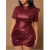 image:imageSOLY HUX Womens Plus Size Bodycon Mini Dress PU Leather Mock Neck Short Sleeve Ruched Wrap Hem Party DressesPlain Burgundy