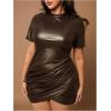 image:imageSOLY HUX Womens Plus Size Bodycon Mini Dress PU Leather Mock Neck Short Sleeve Ruched Wrap Hem Party DressesPlain Coffee Brown