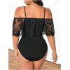image:imageSOLY HUX Womens Plus Size Cold Shoulder Lace Deep V Neck Bodysuits Sheer Leotard Unitard TopsSolid Black