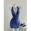 image:imageSOLY HUX Womens Shiny Deep V Neck Halter Bodycon Mini Dress Sleeveless Cocktail Prom Pencil DressesDark Blue