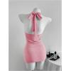 image:imageSOLY HUX Womens Shiny Deep V Neck Halter Bodycon Mini Dress Sleeveless Cocktail Prom Pencil DressesPure Pink