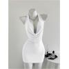 image:imageSOLY HUX Womens Shiny Deep V Neck Halter Bodycon Mini Dress Sleeveless Cocktail Prom Pencil DressesPure White