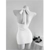image:imageSOLY HUX Womens Shiny Deep V Neck Halter Bodycon Mini Dress Sleeveless Cocktail Prom Pencil DressesPure White