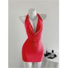 image:imageSOLY HUX Womens Shiny Deep V Neck Halter Bodycon Mini Dress Sleeveless Cocktail Prom Pencil DressesSolid Red