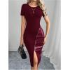 image:imageSOLY HUX Womens Summer Short Sleeve Midi Dress PU Leather Zipper Split Bodycon DressesPlain Burgundy