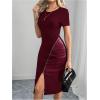 image:imageSOLY HUX Womens Summer Short Sleeve Midi Dress PU Leather Zipper Split Bodycon DressesPlain Burgundy