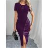 image:imageSOLY HUX Womens Summer Short Sleeve Midi Dress PU Leather Zipper Split Bodycon DressesPlain Purple