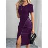 image:imageSOLY HUX Womens Summer Short Sleeve Midi Dress PU Leather Zipper Split Bodycon DressesPlain Purple