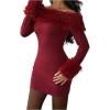 image:imageSOLY HUX Womens Bodycon Mini Dress Off The Shoulder Contrast Faux Fur Long Sleeve DressesPure Burgundy