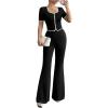 image:imageSOLY HUX Womens Elegant 2 Piece Outfits Button Down Short Sleeve Fitted Top Flared Pants Work Office ClothesPure Black
