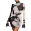 image:imageSOLY HUX Womens Graphic Print Bodycon Mini Dress Turtleneck Long Sleeve Pencil DressesBrown Figure
