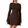 image:imageSOLY HUX Womens Long Sleeve Mini Dress Elegant Lace Up Crew Neck Work Office DressesPlain Brown