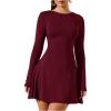 image:imageSOLY HUX Womens Long Sleeve Mini Dress Elegant Lace Up Crew Neck Work Office DressesPlain Burgundy