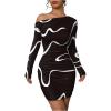image:imageSOLY HUX Womens Off The Shoulder Bodycon Mini Dress Printed Asymmetrical Neck Long Sleeve Ruched DressesBlack Printed