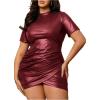 image:imageSOLY HUX Womens Plus Size Bodycon Mini Dress PU Leather Mock Neck Short Sleeve Ruched Wrap Hem Party DressesPlain Burgundy