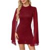 image:imageSOLY HUX Womens Sparkly Glitter Bodycon Mini Dress Sequin Long Bell Sleeve Mock Neck Prom Cocktail Party DressesPlain Burgundy