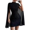 image:imageSOLY HUX Womens Sparkly Glitter Bodycon Mini Dress Sequin Long Bell Sleeve Mock Neck Prom Cocktail Party DressesPure Black