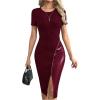 image:imageSOLY HUX Womens Summer Short Sleeve Midi Dress PU Leather Zipper Split Bodycon DressesPlain Burgundy