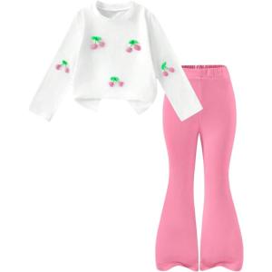 image:imageSOLY HUX Girls 2 Piece Outfits Cherry Long Sleeve T Shirt and Flare Pants Set Cute Fall ClothesPink and White