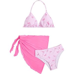 image:imageSOLY HUX Girls Summer Swimsuit Set Floral Halter Triangle Bikini Set with Wrap Skirts BeachwearCoral Pink and White