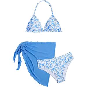 image:imageSOLY HUX Girls Summer Swimsuit Set Floral Halter Triangle Bikini Set with Wrap Skirts BeachwearDusty Blue Floral