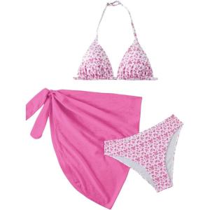 image:imageSOLY HUX Girls Summer Swimsuit Set Floral Halter Triangle Bikini Set with Wrap Skirts BeachwearHot Pink Floral