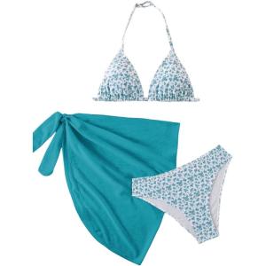 image:imageSOLY HUX Girls Summer Swimsuit Set Floral Halter Triangle Bikini Set with Wrap Skirts BeachwearOlive Green