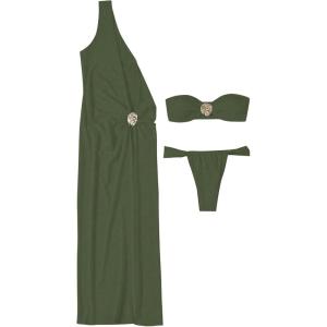 image:imageSOLY HUX Womens 3 Piece Swimsuit Bandeau Bikini Set Bathing Suit with Cover Up DressPlain Army Green