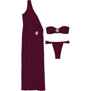 image:imageSOLY HUX Womens 3 Piece Swimsuit Bandeau Bikini Set Bathing Suit with Cover Up DressPlain Burgundy