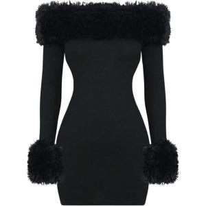 image:imageSOLY HUX Womens Bodycon Mini Dress Off The Shoulder Contrast Faux Fur Long Sleeve DressesPure Black