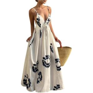 image:imageSOLY HUX Womens Boho Floral Print Backless Maxi Dress Tie Front Deep V Neck Sleeveless A Line Flowy DressesBeige Floral