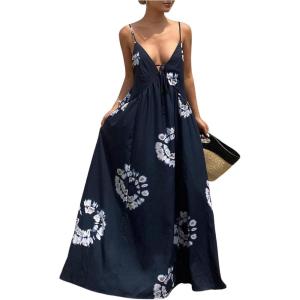 image:imageSOLY HUX Womens Boho Floral Print Backless Maxi Dress Tie Front Deep V Neck Sleeveless A Line Flowy DressesDark Blue Print