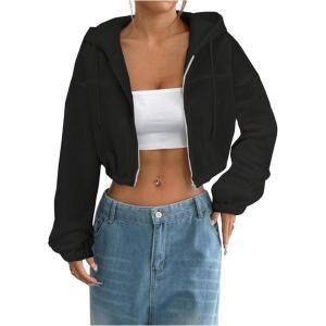 image:imageSOLY HUX Womens Cropped Zip Up Hoodie Y2k Drawstring Drop Shoulder Sweatshirts StreetwearPlain Black