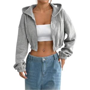 image:imageSOLY HUX Womens Cropped Zip Up Hoodie Y2k Drawstring Drop Shoulder Sweatshirts StreetwearPlain Grey