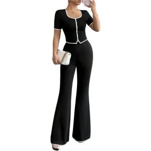 image:imageSOLY HUX Womens Elegant 2 Piece Outfits Button Down Short Sleeve Fitted Top Flared Pants Work Office ClothesPure Black