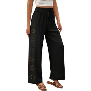 image:imageSOLY HUX Womens Floral Hollow Out Straight Leg Summer Pants Boho Bottoms Vacation OutfitPlain Black