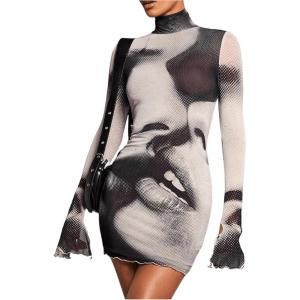 image:imageSOLY HUX Womens Graphic Print Bodycon Mini Dress Turtleneck Long Sleeve Pencil DressesBrown Figure