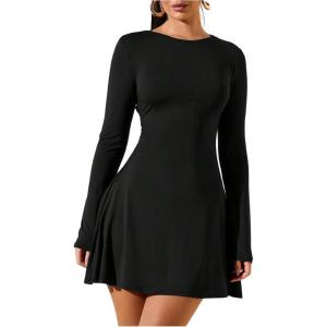 image:imageSOLY HUX Womens Long Sleeve Mini Dress Elegant Lace Up Crew Neck Work Office DressesPlain Black
