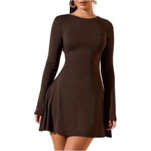 image:imageSOLY HUX Womens Long Sleeve Mini Dress Elegant Lace Up Crew Neck Work Office DressesPlain Brown