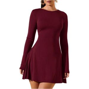 image:imageSOLY HUX Womens Long Sleeve Mini Dress Elegant Lace Up Crew Neck Work Office DressesPlain Burgundy