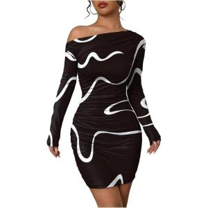 image:imageSOLY HUX Womens Off The Shoulder Bodycon Mini Dress Printed Asymmetrical Neck Long Sleeve Ruched DressesBlack Printed