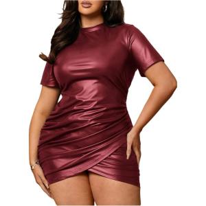 image:imageSOLY HUX Womens Plus Size Bodycon Mini Dress PU Leather Mock Neck Short Sleeve Ruched Wrap Hem Party DressesPlain Burgundy