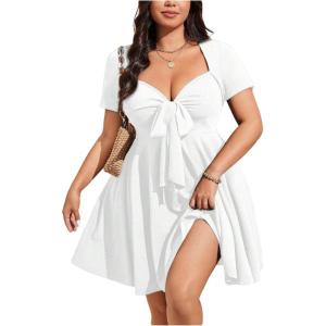 image:imageSOLY HUX Womens Plus Size Bow Tie Short Sleeve Summer Short Dress Cocktail Beach Wedding DressesPlain White