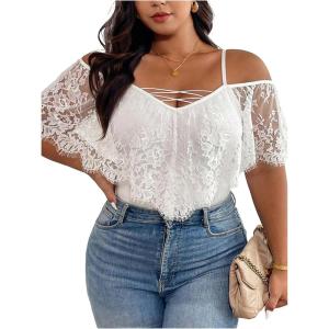 image:imageSOLY HUX Womens Plus Size Cold Shoulder Lace Deep V Neck Bodysuits Sheer Leotard Unitard TopsSolid White