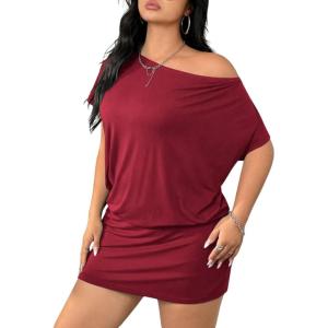 image:imageSOLY HUX Womens Plus Size Off The Shoulder Short Sleeve Tshirt Dress Summer Bodycon Party Mini DressesPure Burgundy