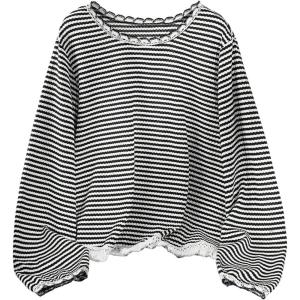 image:imageSOLY HUX Womens Plus Size Striped T Shirt Long Sleeve Crew Neck Tassel Hem Tee Casual Fall TopsBlack Striped